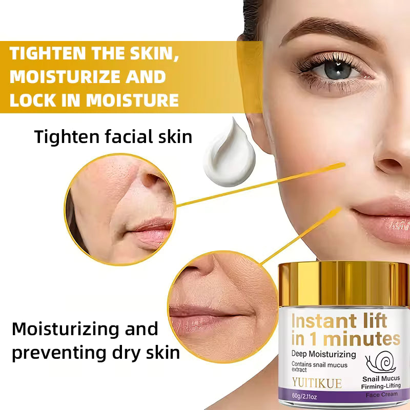 YUITIKUE Crema Reafirmante Instant Lift 60g — Baba de Caracol, Hidrata, Tensa y Unifica el Tono en 1 Minuto, Fórmula Ligera